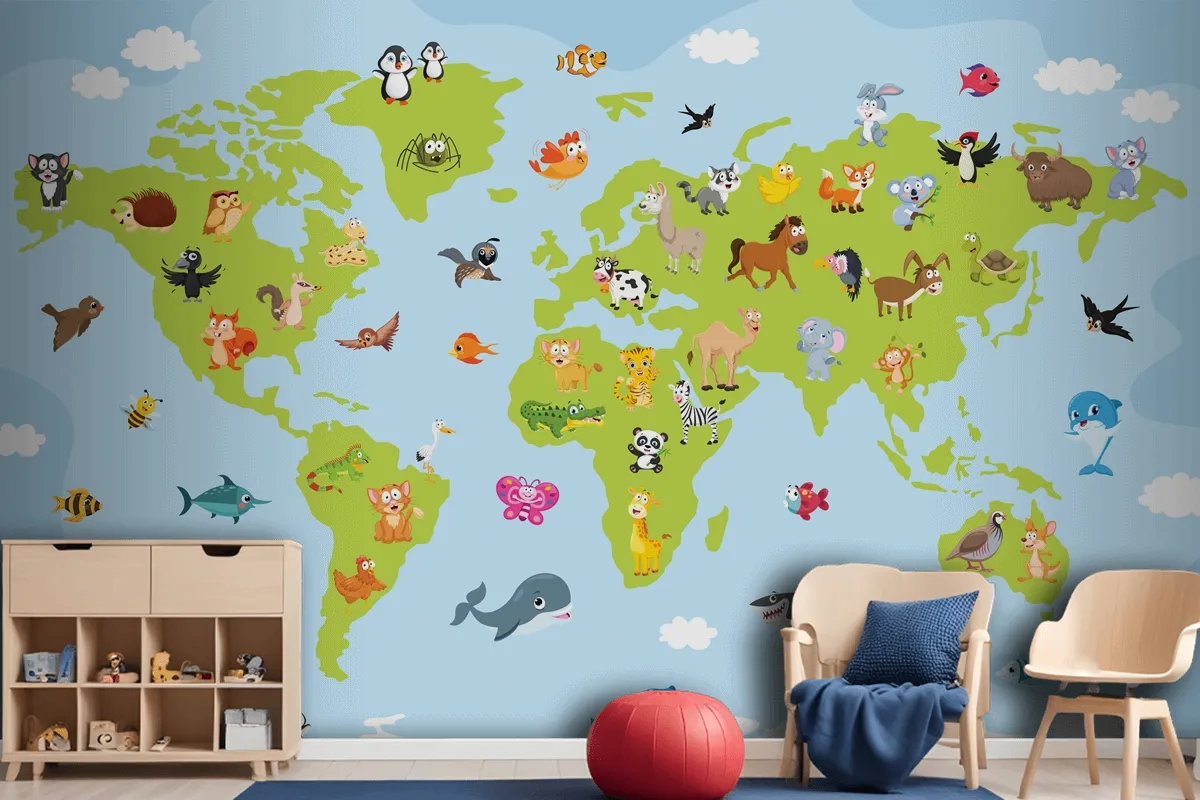 World Map With Cartoon Animals Wallpaper Mural