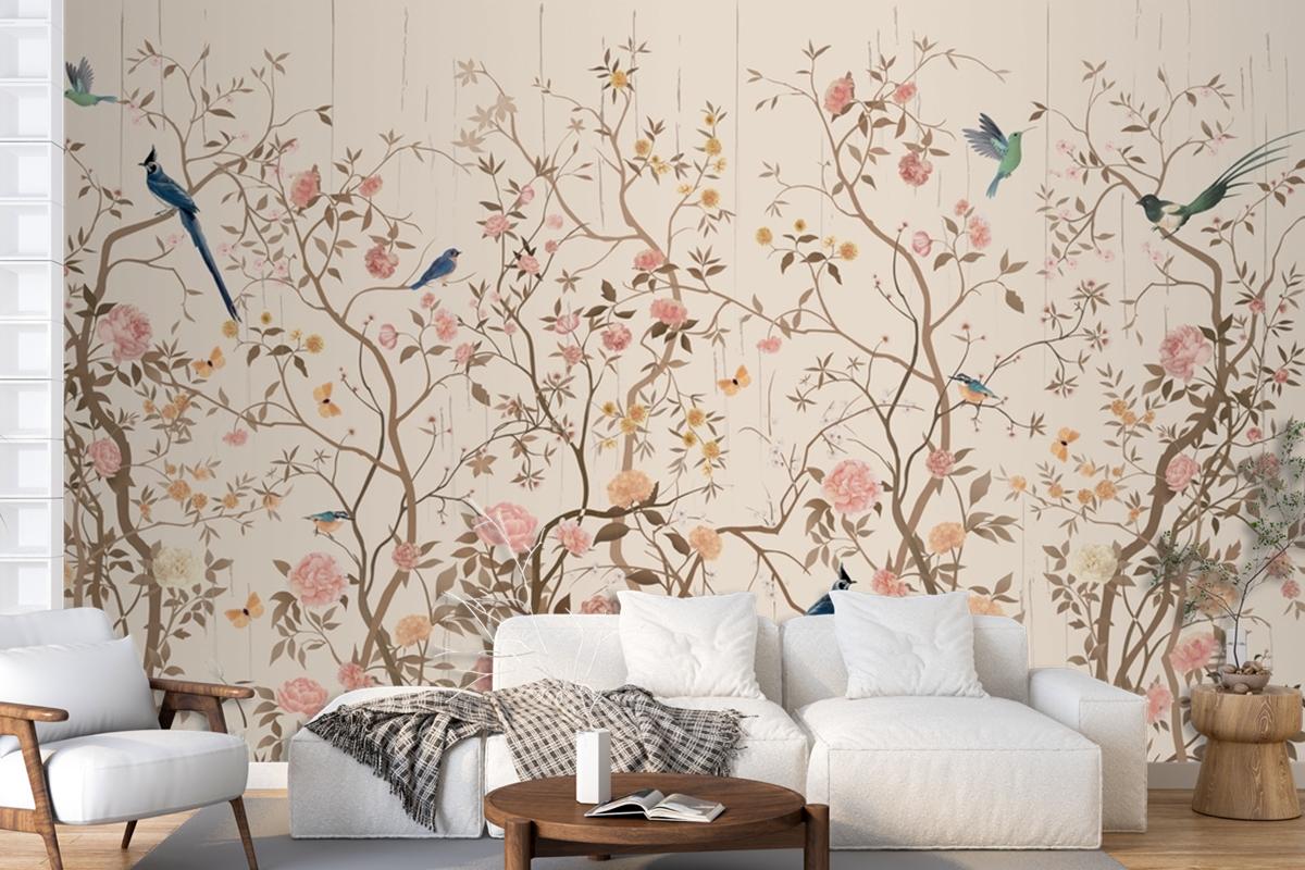 Chinoiserie Wallpaper With Birds And Flowers Wallpaper Mural