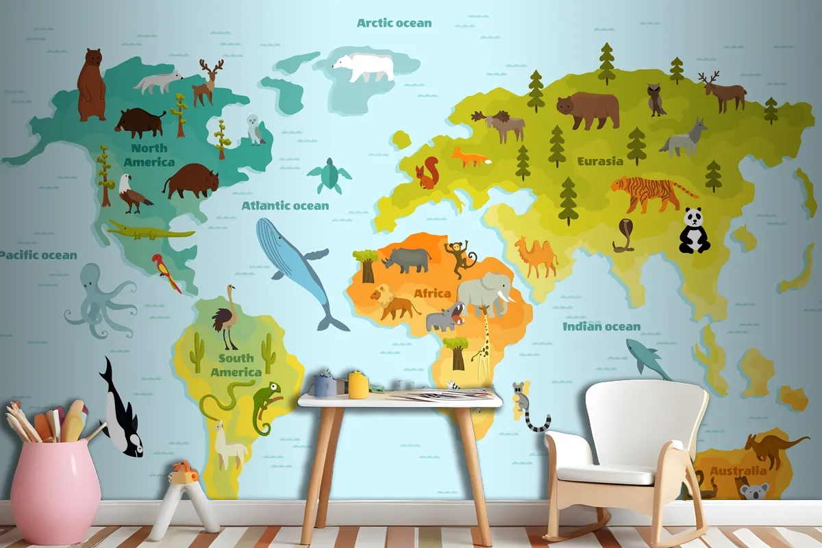 Funny Cartoon Animal World Map For Children With The Continents Wallpaper Mural