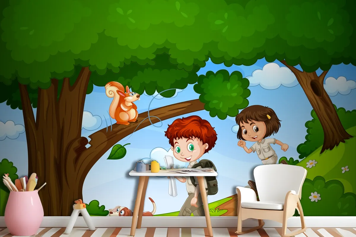 Boy And Girl Enjoy In The Park With Cute Animal Scene Wallpaper Mural