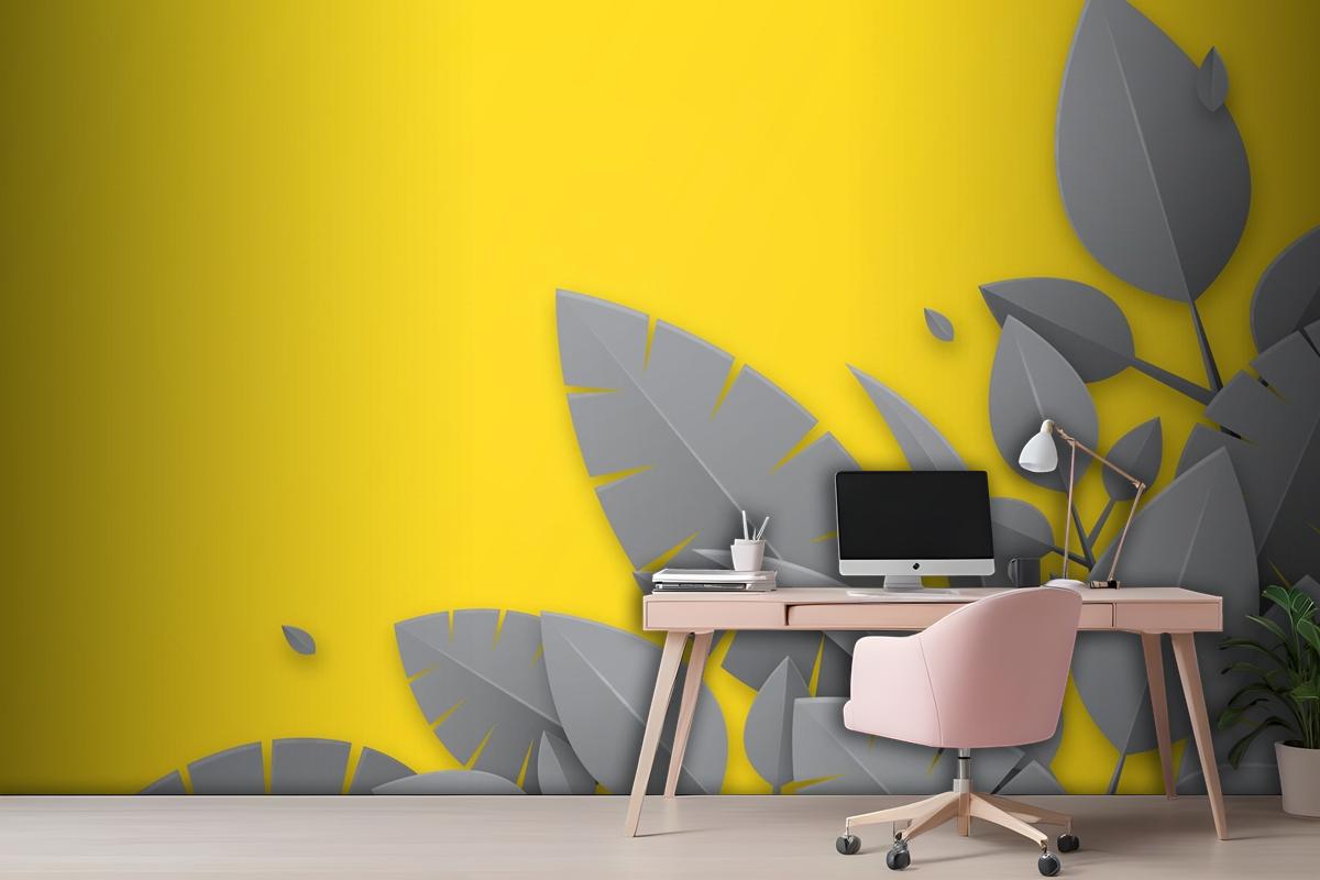 Yellow Background And Gray Leaves Office Wallpaper Mural