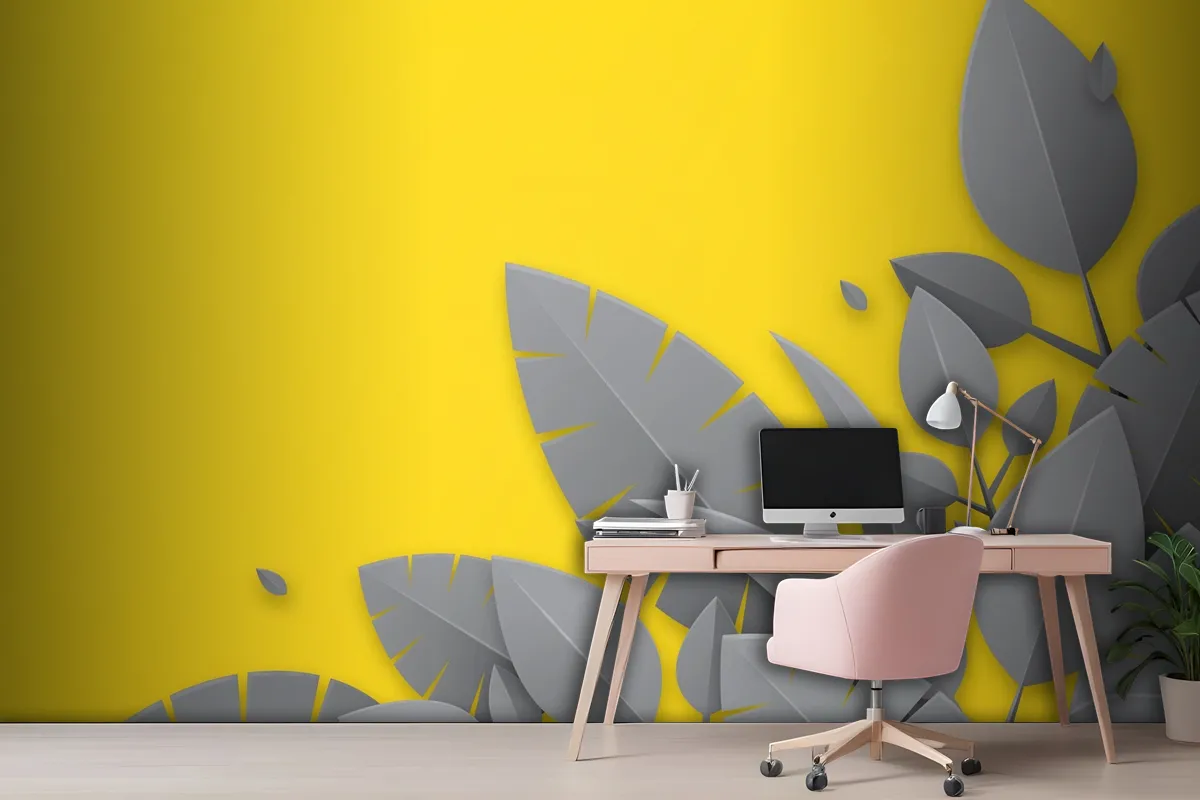 Yellow Background And Gray Leaves Office Wallpaper Mural