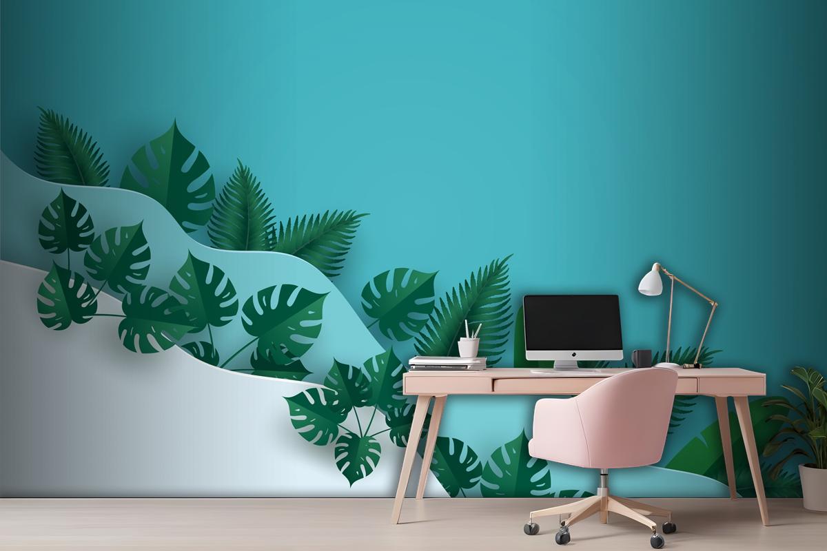 Green Leafs Or Foliage In Multi Wave Layer Wallpaper Mural