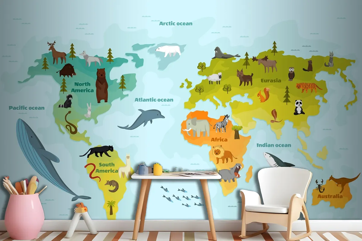 World Map With Different Animal Wallpaper Mural