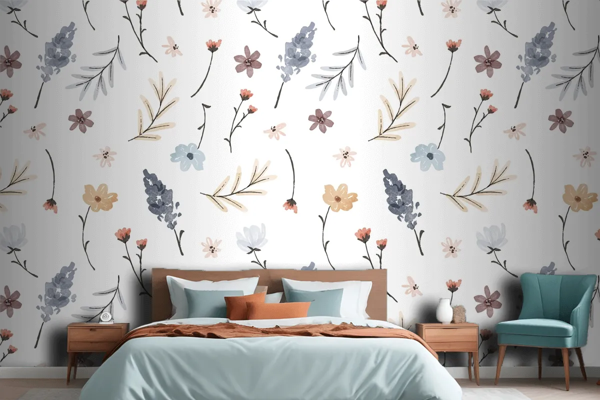 Hand Painted Watercolor Pressed Flowers Pattern Wallpaper Mural