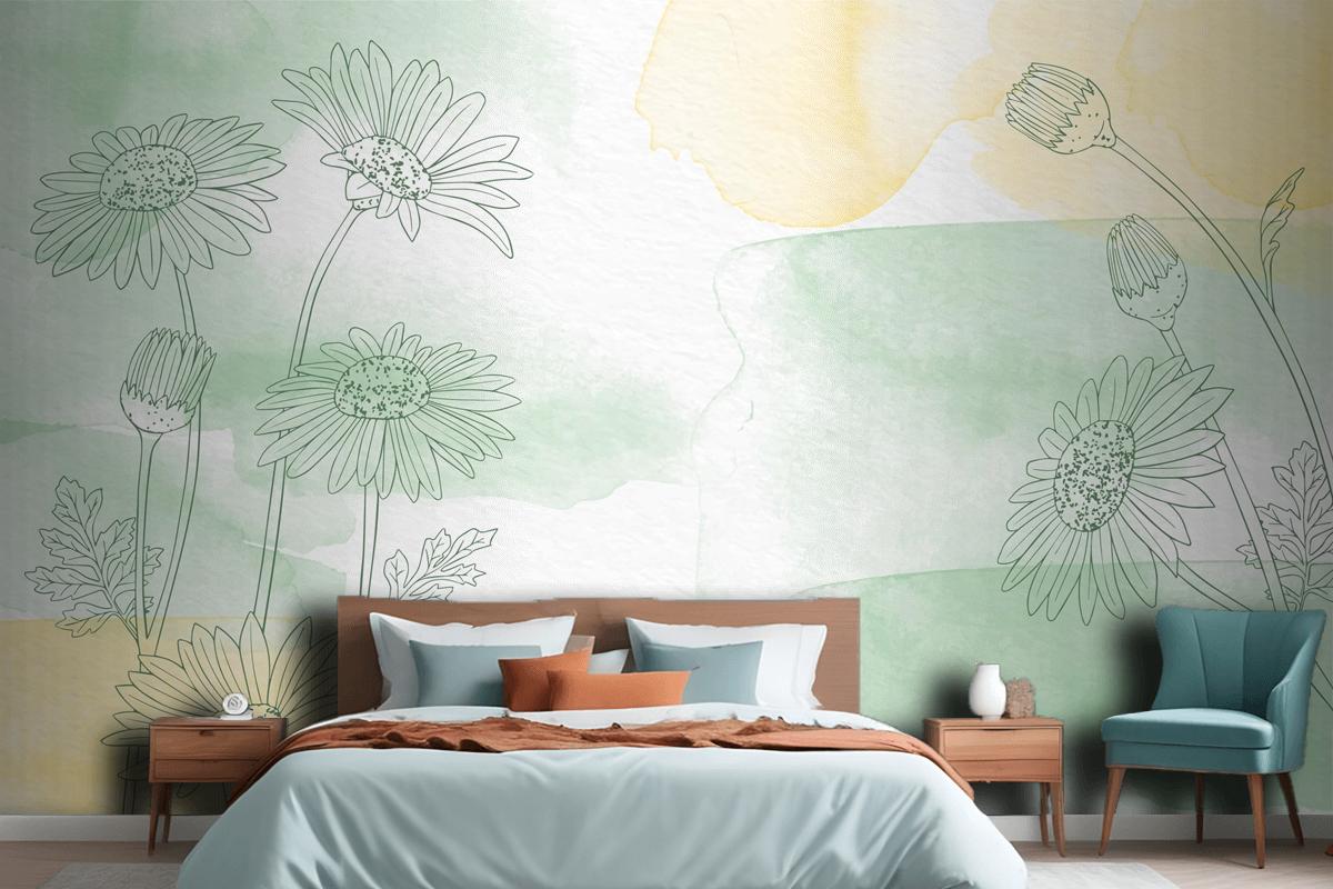 Hand Painted Background With Drawn Flowers Wallpaper Mural