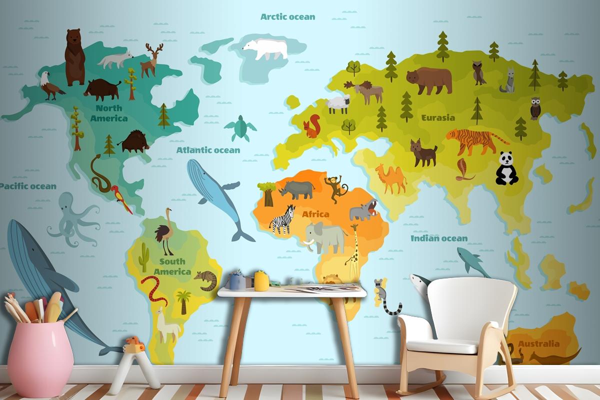 World Map With Different Animal Wallpaper Mural