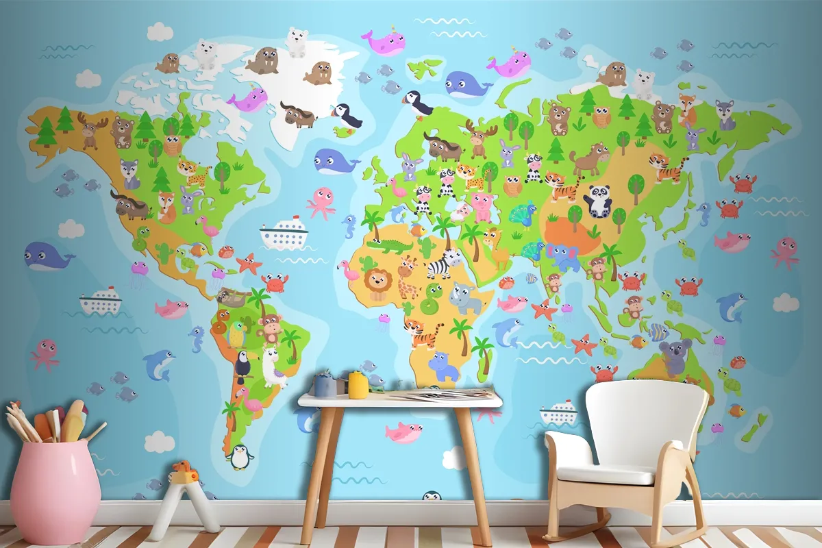  World Map With Animals For Kids Wallpaper Mural