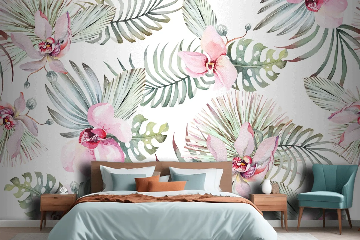 Seamless Pattern Of Tropical Plant Orchid And Flower For Fabric Wallpaper Mural