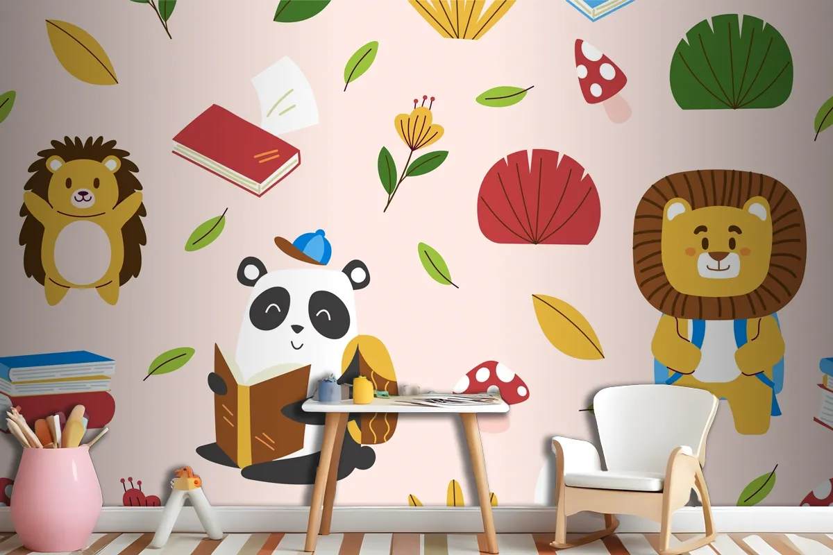 Hand Drawn Childlike Animals Pattern Wallpaper Mural