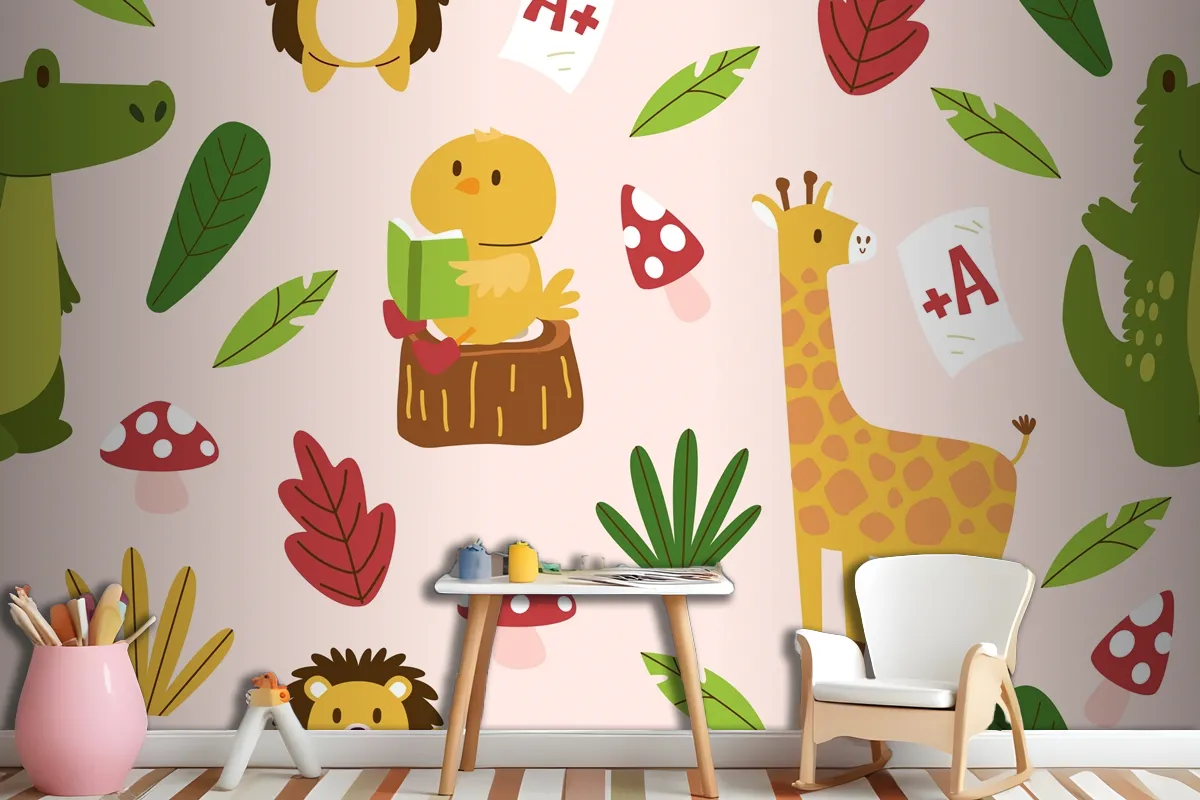 Hand Drawn Childlike Animals Pattern Wallpaper Mural