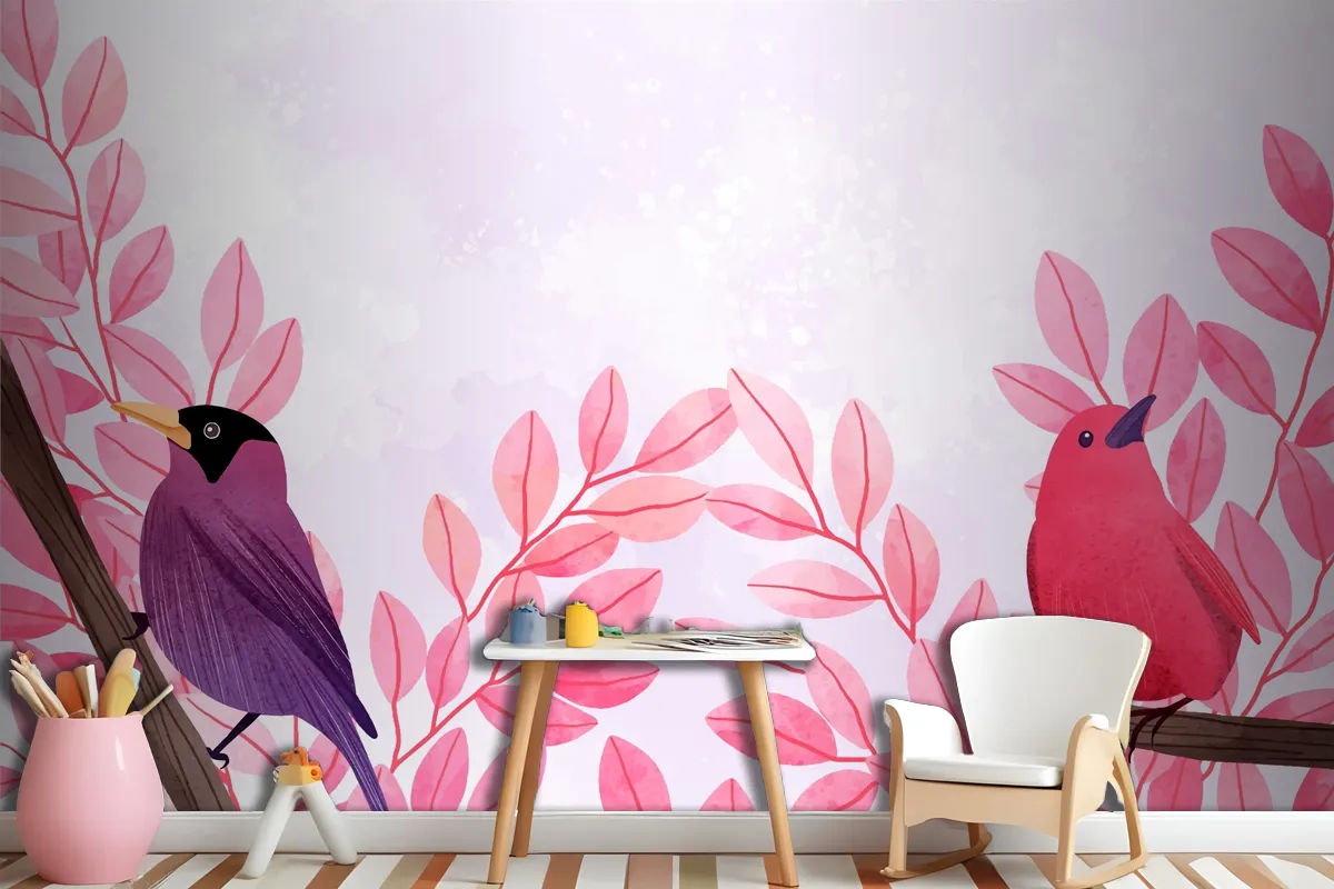 Beautiful Watercolor Of Birds Sitting On Branches Wallpaper Mural