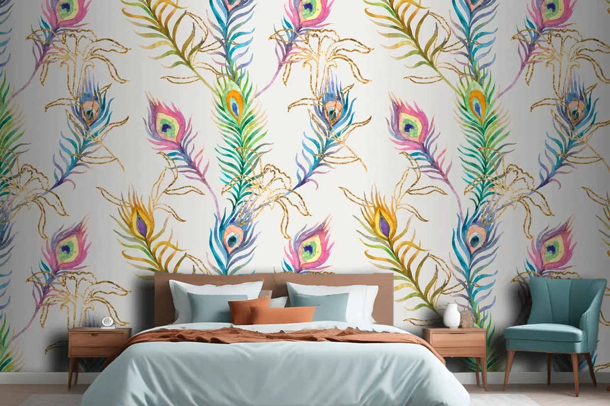 Background Of Peacock Feather Colorful Watercolor Pattern Wallpaper Mural