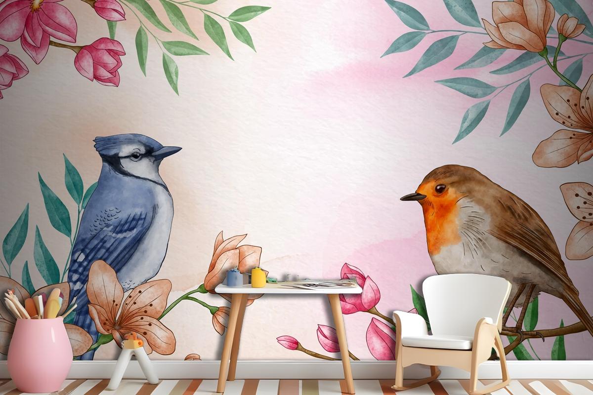 Hand Painted Watercolor Floral Birds Background Wallpaper Mural