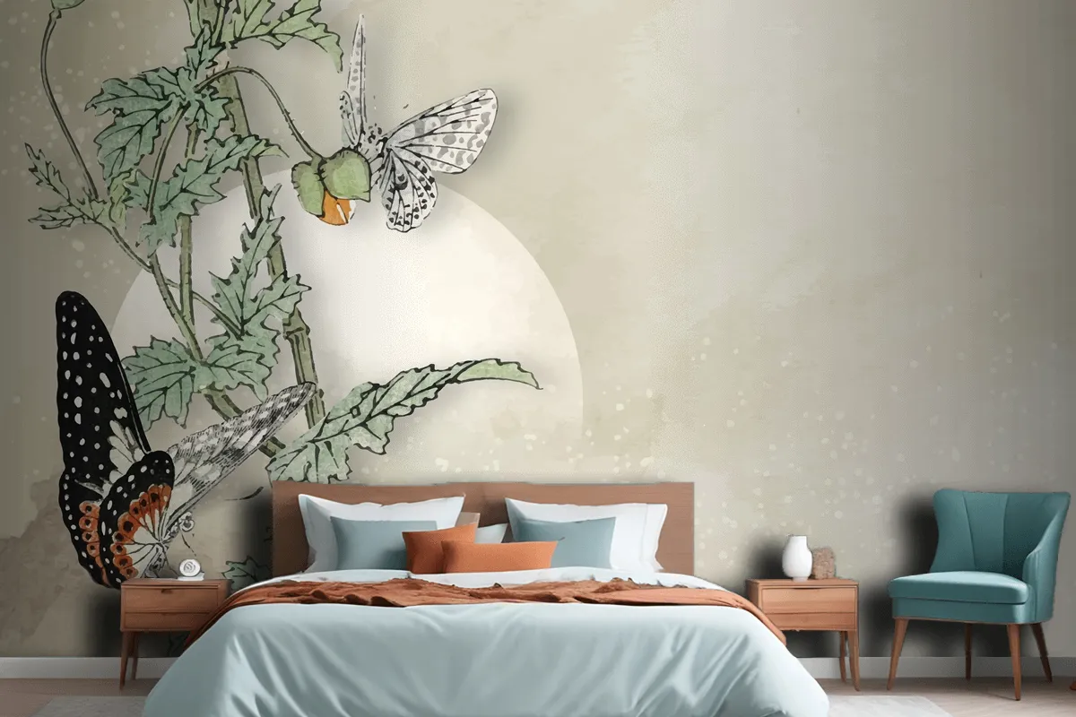 Leafy Butterfly Frame Design Wallpaper Mural