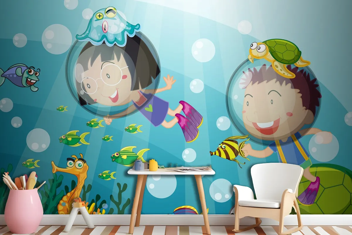 Underwater Scene With Happy Kids Scuba Diving Wallpaper Mural