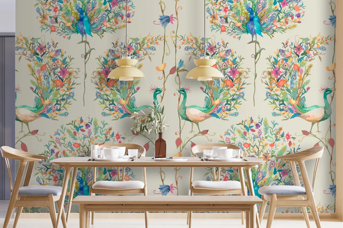 Pattern Background With Watercolor Peacock And Flower Wallpaper Mural