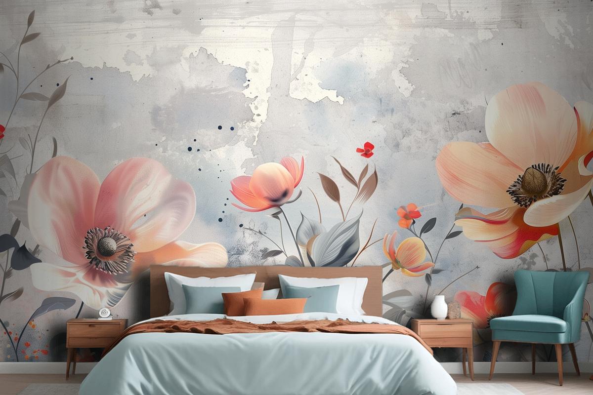 Watercolor Flowers Blue Wallpaper Mural