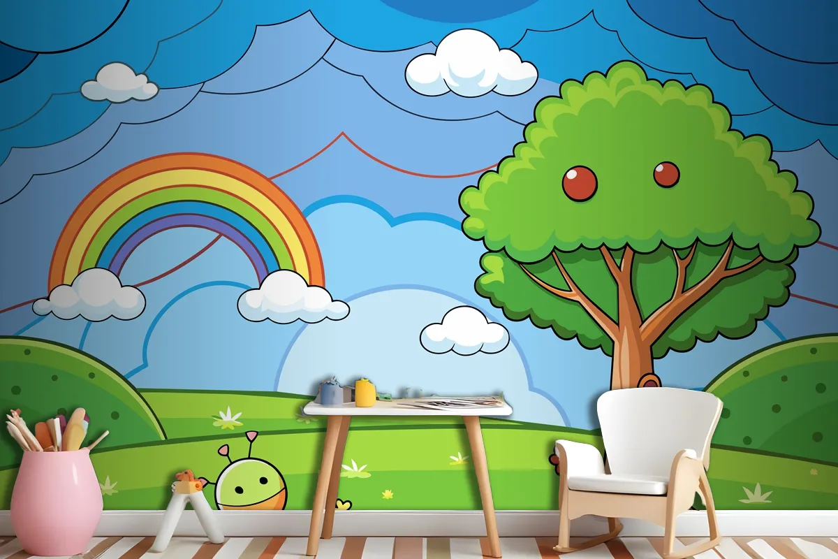 A Colorful Illustration Of A Rainbow With A Tree And A Rainbow In The Wallpaper Mural