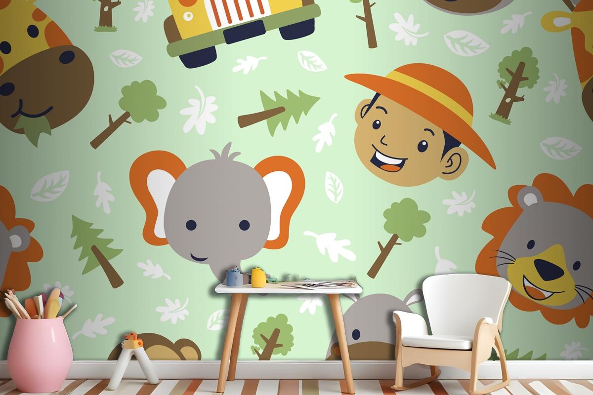 Funny Safari Animals Head Cartoon With Little Boy Head On Seamless Pattern Wallpaper Mural