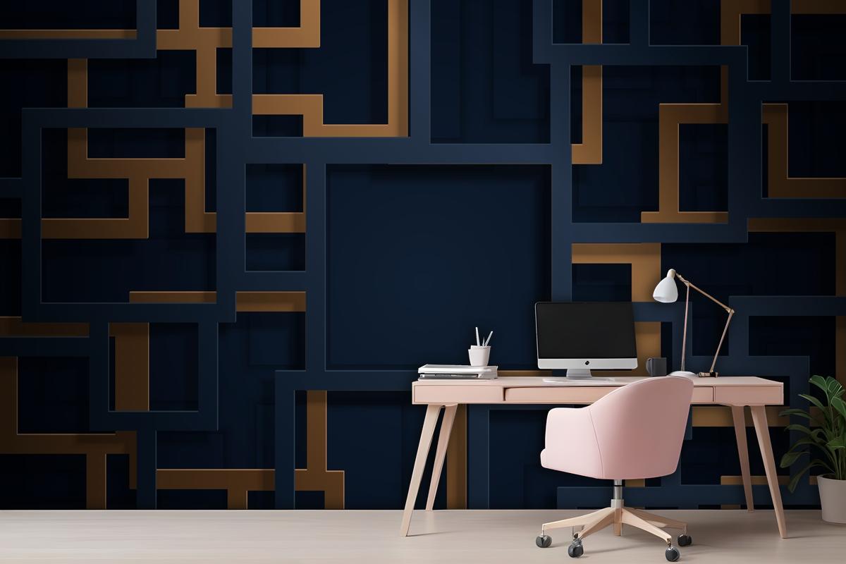 3D Blue And Gold Lines In Paper Cut Style Wallpaper Mural