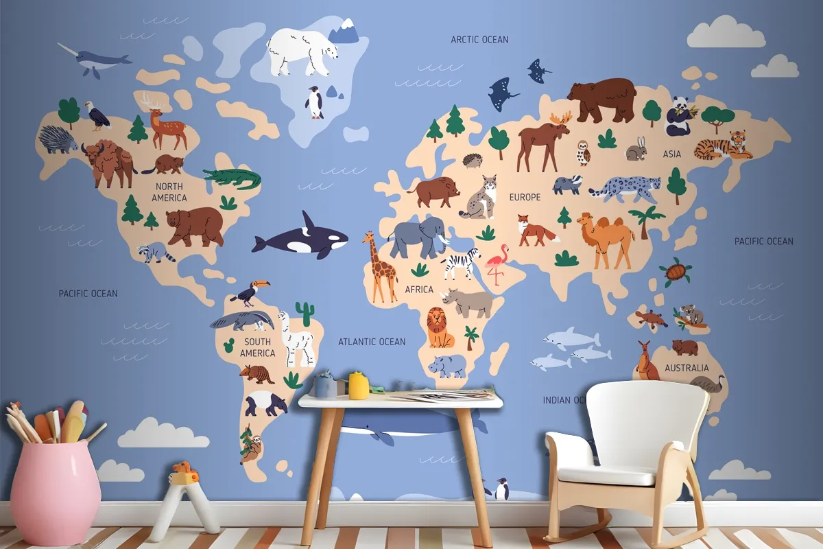 World Map With Animals In Water And On Earth Geography Wallpaper Mural