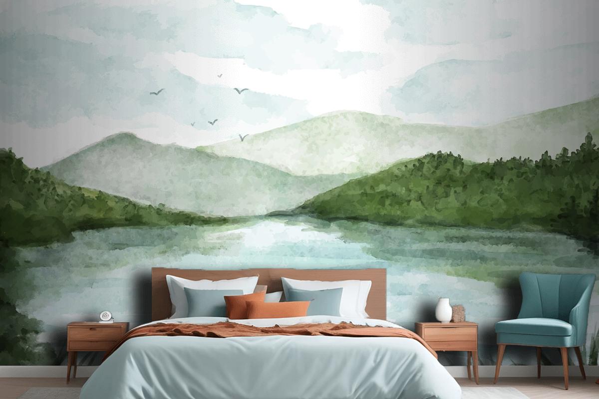 Watercolor Lake Scenery Wallpaper Mural