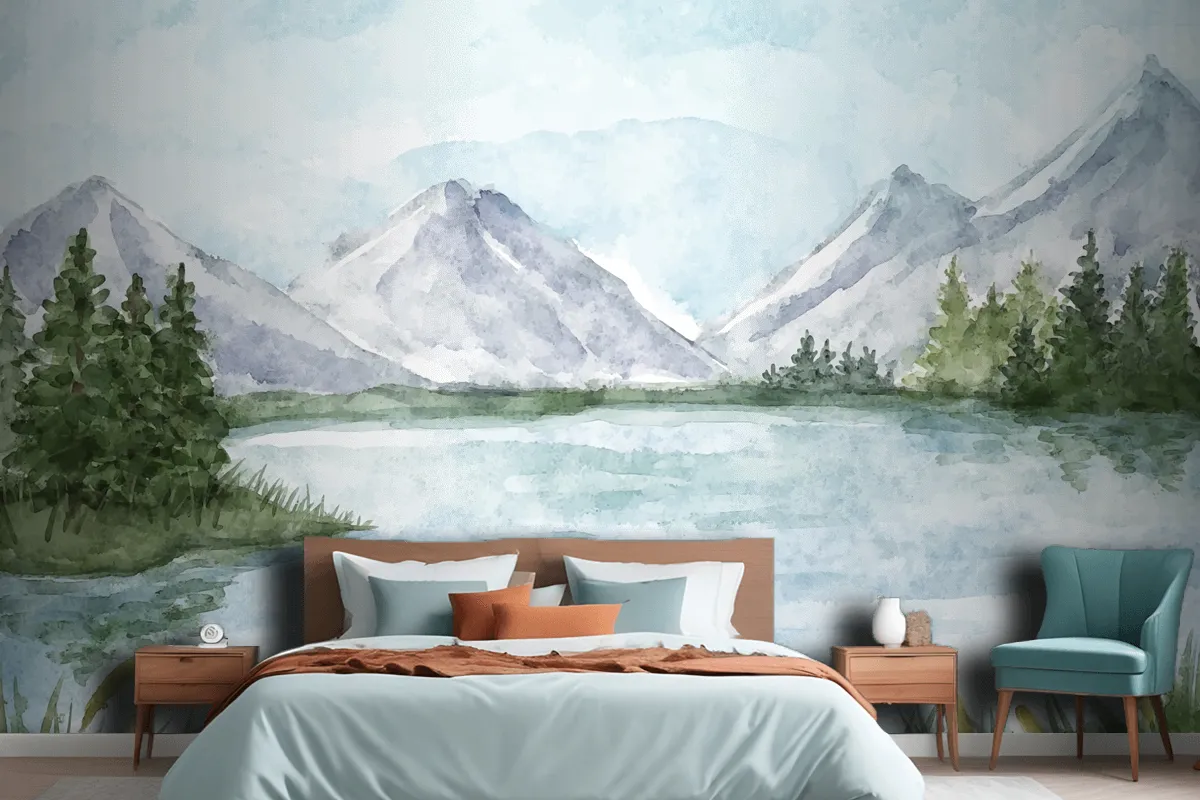 Watercolor Lake Scenery Wallpaper Mural