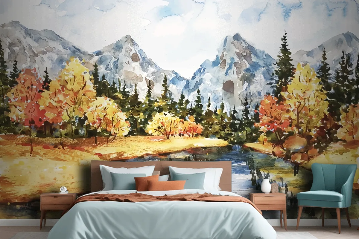 Watercolor Autumn Landscape Wallpaper Mural