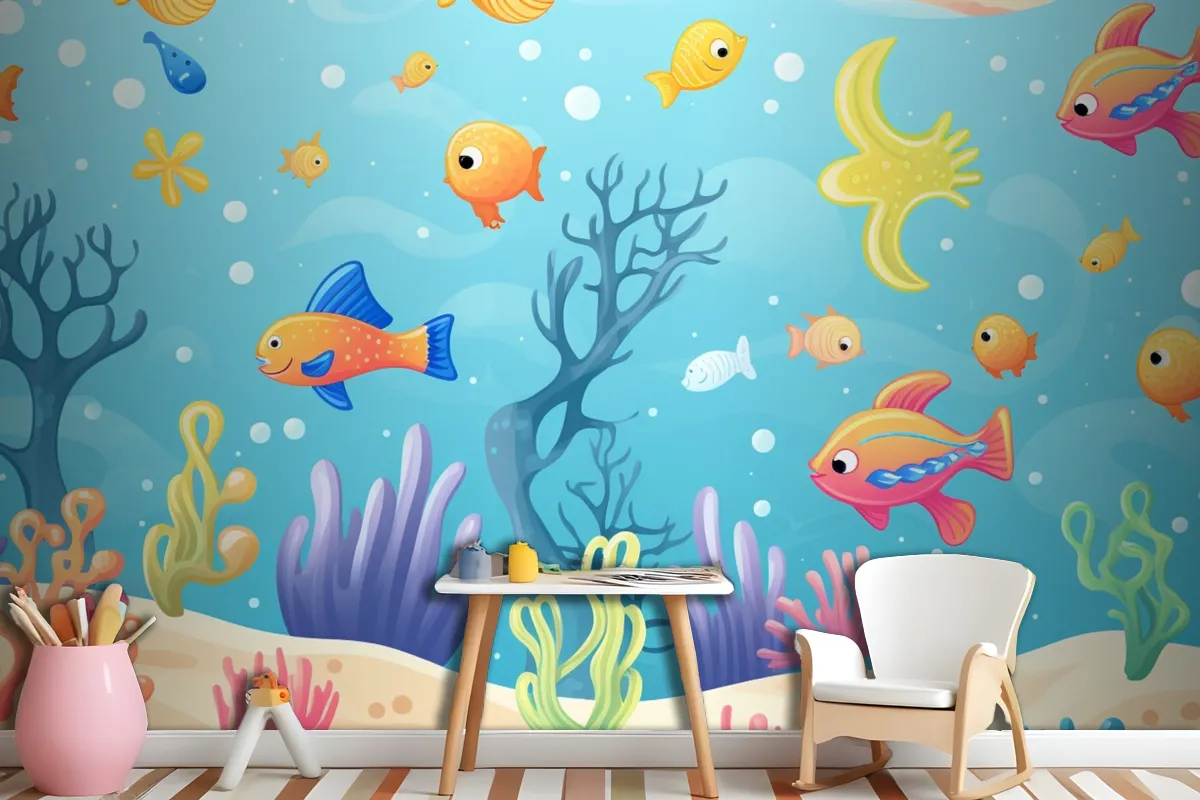 A Painting Of A Coral Reef With A Clown Fish And Coral Wallpaper Mural