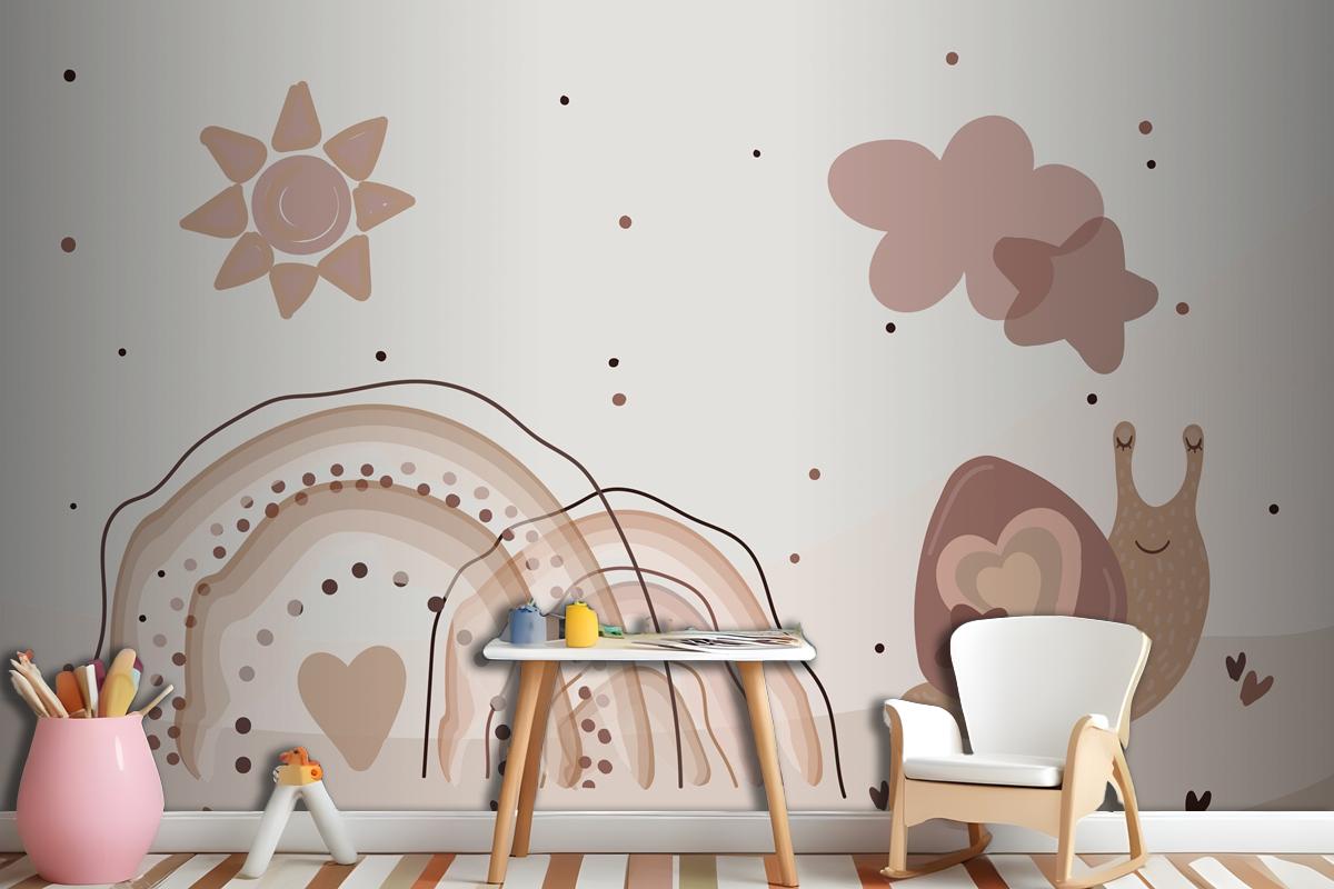 Watercolor Rainbow And Snails Beige Wallpaper Mural