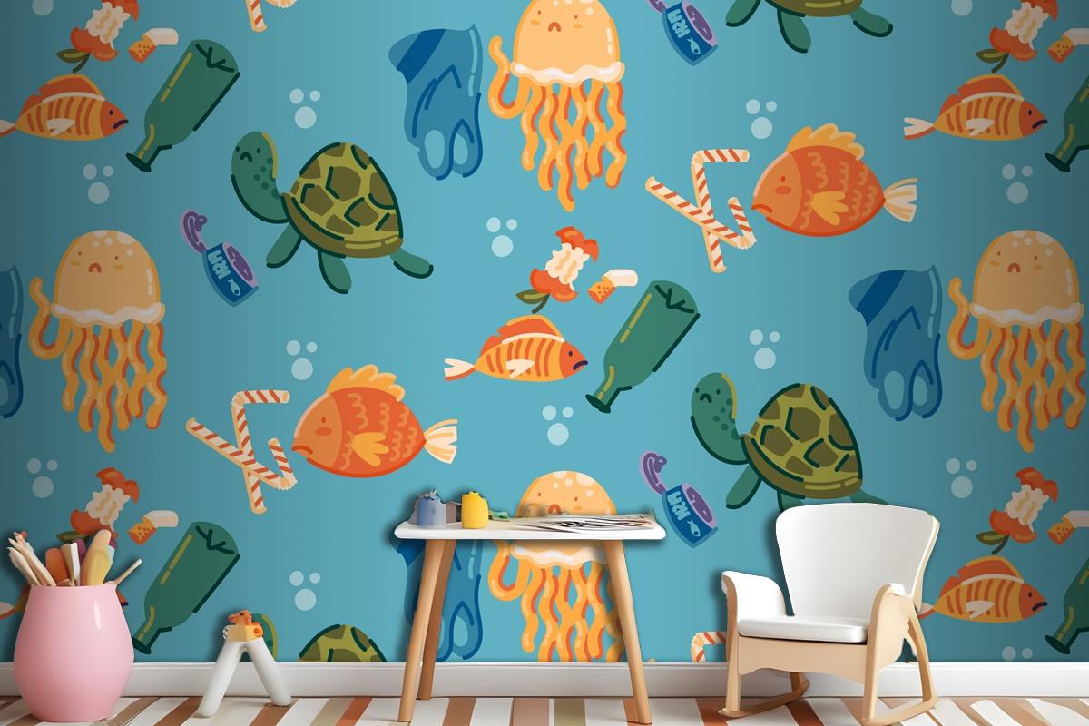 Hand Drawn Save The Oceans Pattern Wallpaper Mural