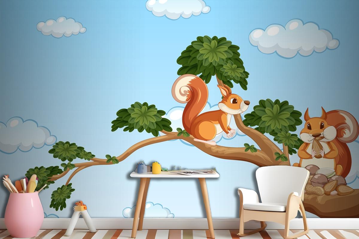 Two Squirrels On The Branch Wallpaper Mural