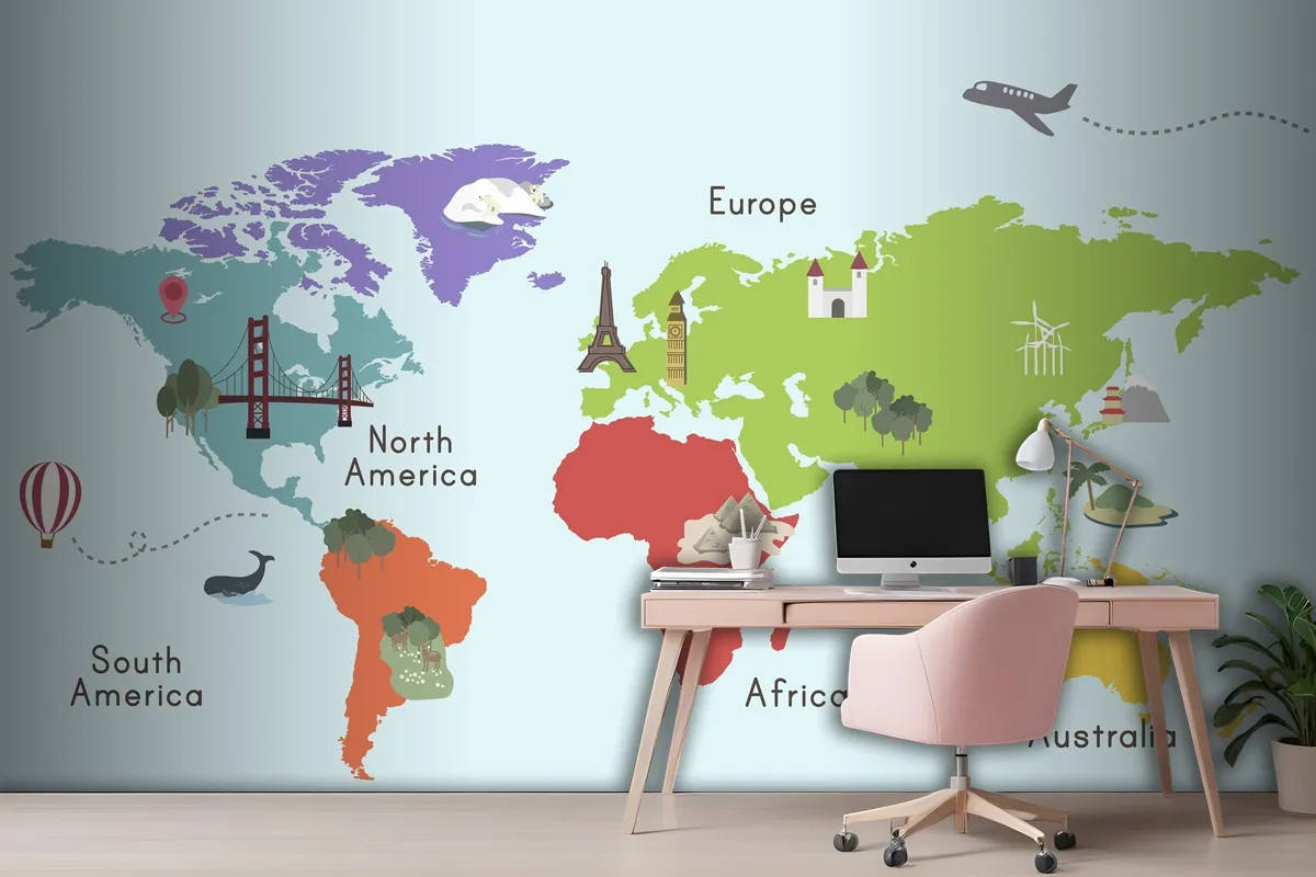 World Continent Map Location Graphic Wallpaper Mural