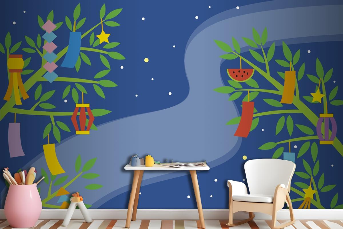 Flat Tanabata Background With Ornaments In Branches Wallpaper Mural