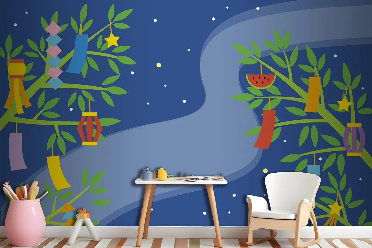 Flat Tanabata Background With Ornaments In Branches Wallpaper Mural