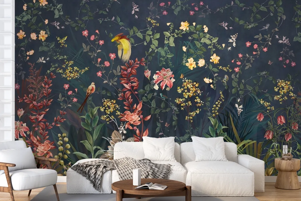 Chinoiserie Vintage Floral With Exotic Birds And Flowers Wallpaper Mural