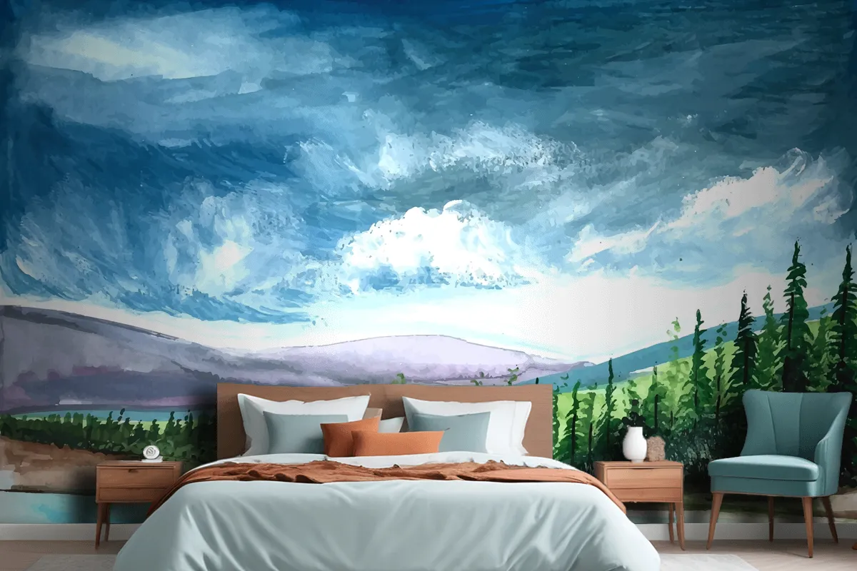 Hand Draw Spring Landscape Scene Watercolor Wallpaper Mural