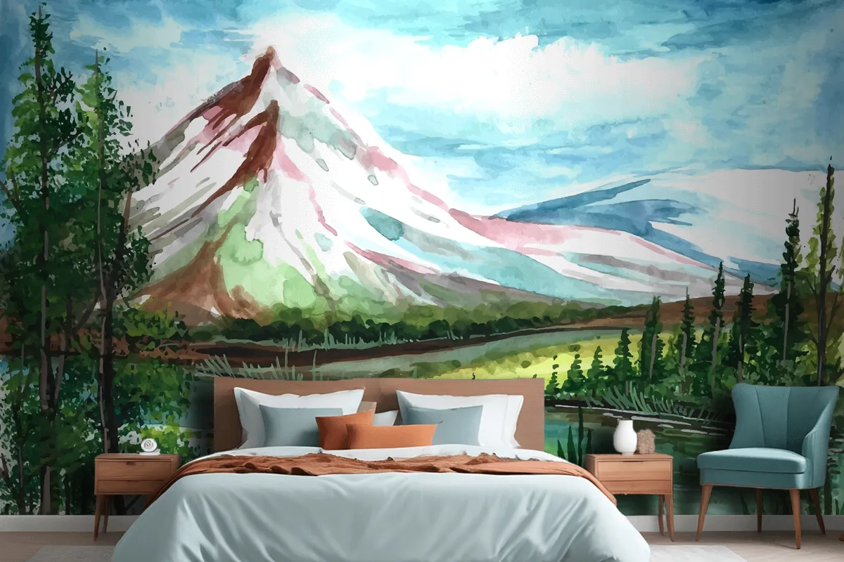 Hand Draw Spring Landscape Scene Watercolor Wallpaper Mural