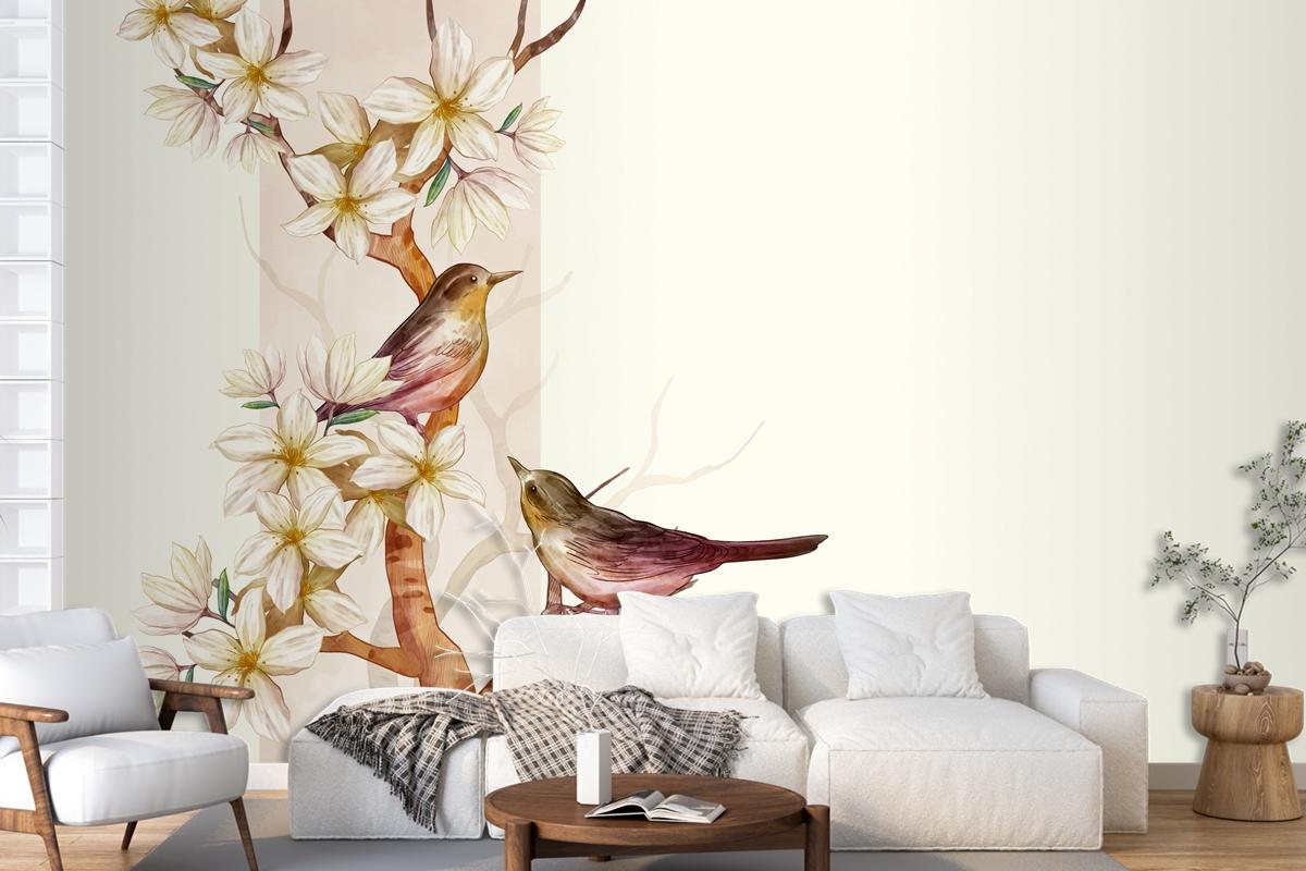 Asian Flower Watercolor With Birds Wallpaper Mural