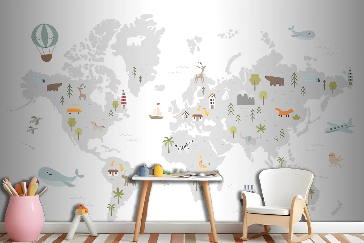 World Map With Animals Houses Nature Elements Wallpaper Mural