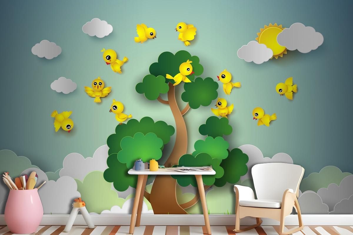 Bird Flying Around A Tree Wallpaper Mural