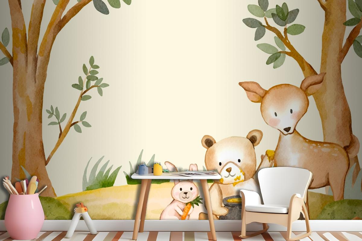 Watercolor Forest Animals Background Wallpaper Mural