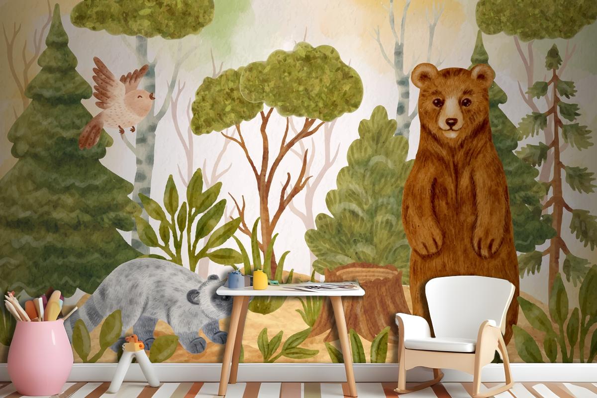 Watercolor Forest Animals Background Wallpaper Mural