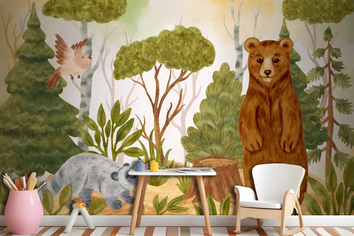 Watercolor Forest Animals Background Wallpaper Mural