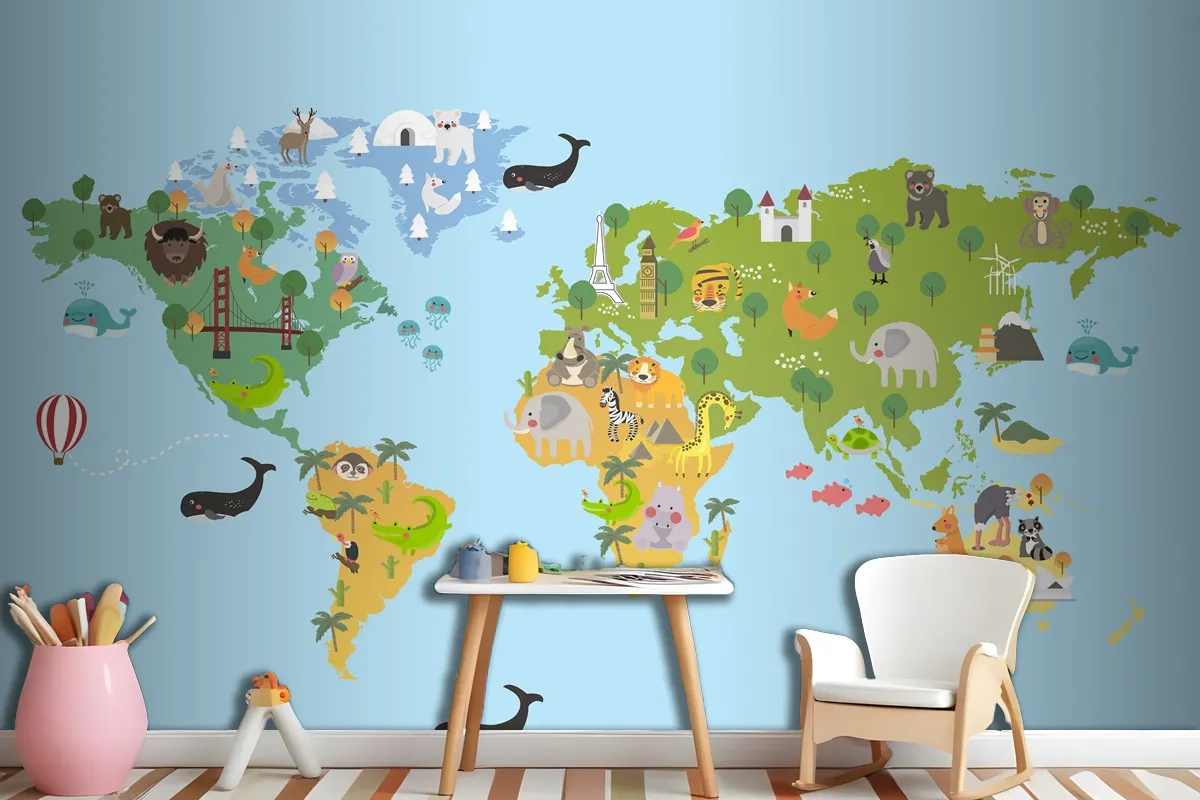 Animal World Map Wallpaper Mural