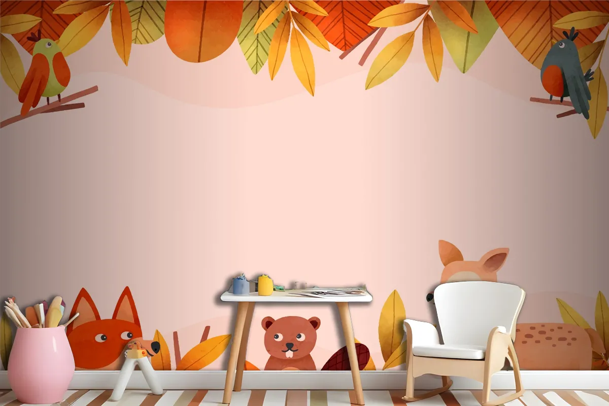 Watercolor Forest Animal And Leaves Wallpaper Mural