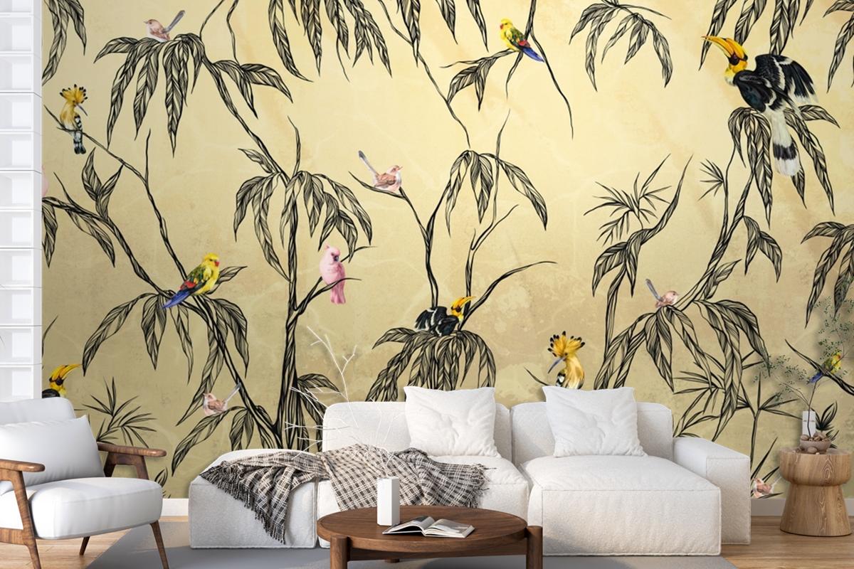 Bird In The Tropics On A Textured Beige Wallpaper Mural