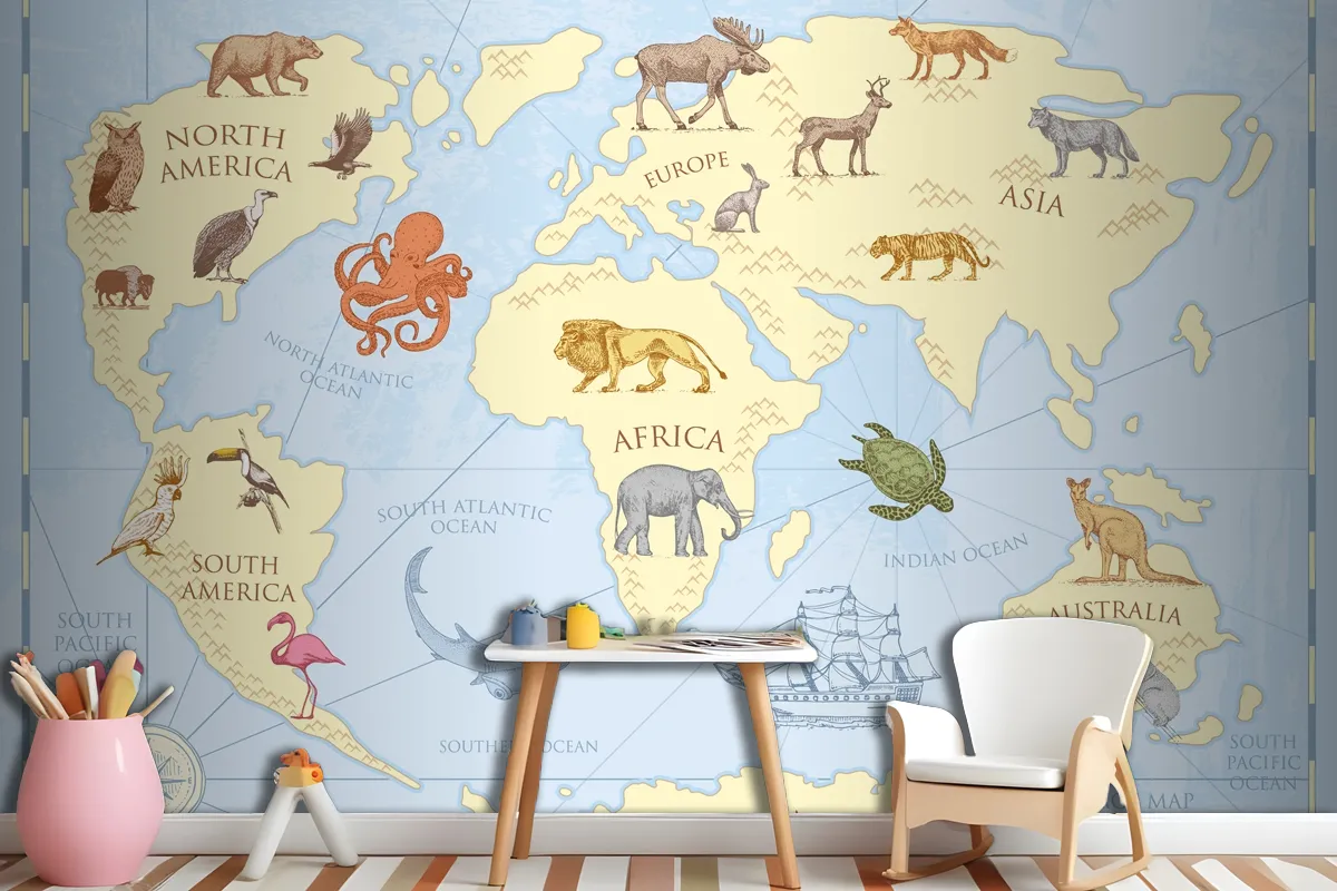 Vintage World Map With Wild Animals Wallpaper Mural