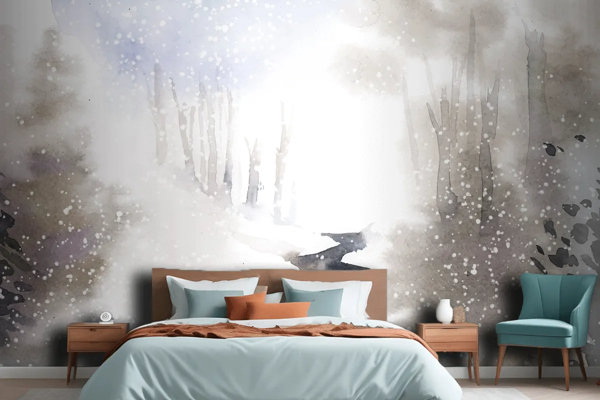 Winter Wonderland Landscape Painted By Watercolor Wallpaper Mural